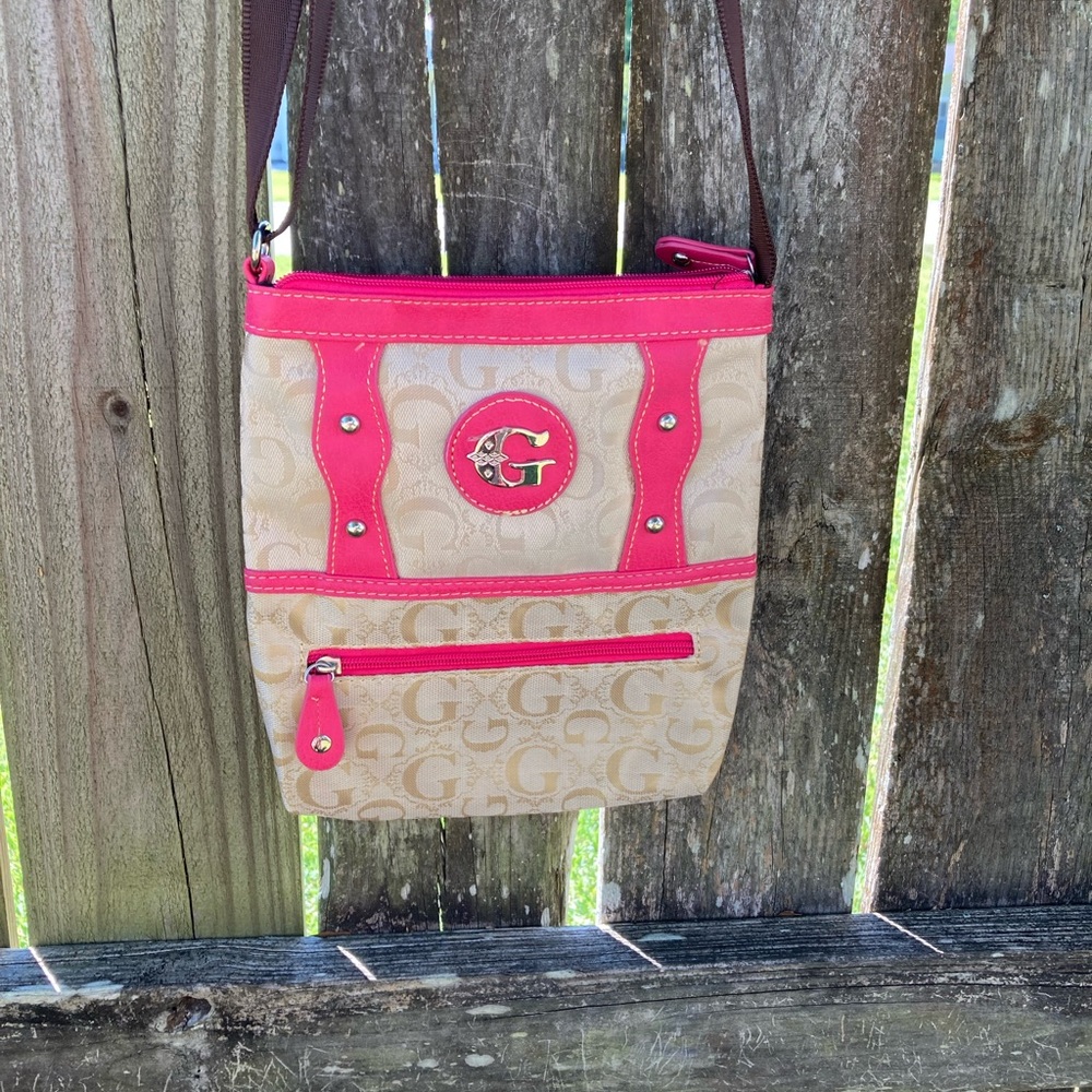 G  Beige & Hot Pink Signature Crossbody Purse